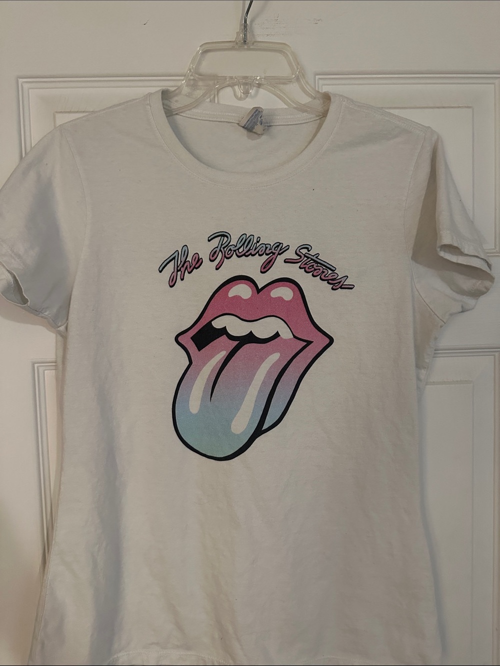 The Rolling Stones White Tee with Pink and Light Blue Tongue Graphic